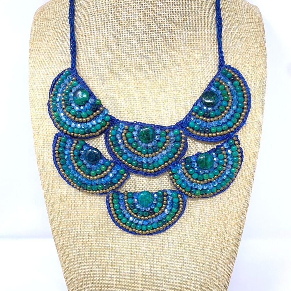 VTG Handmade Chrysocolla Bib Collar Necklace Crochet Beaded India Ethnic Tribal